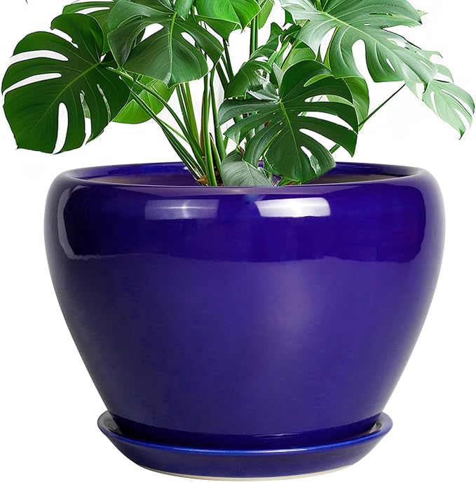 Ceramicfor Ceramic Planter 10 Inch - Indoor Plant Pot for Plants with Drainage Hole and Saucer Large Planter Round Outdoor Flower Pot Mid-Century for House Patio Decor Blue