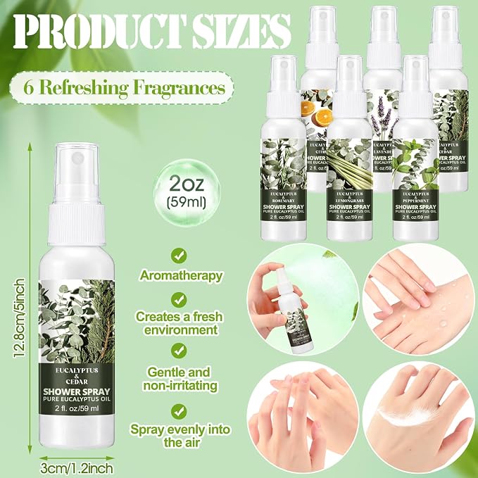 Frienda 6 Pack Eucalyptus Shower Spray with Essential Oils Portable Travel Mist Spray for Spa and Sauna Steam Room Aromatherapy for Women Teacher Staff Employee Thank You Gift 2oz (Eucalyptus Blends)