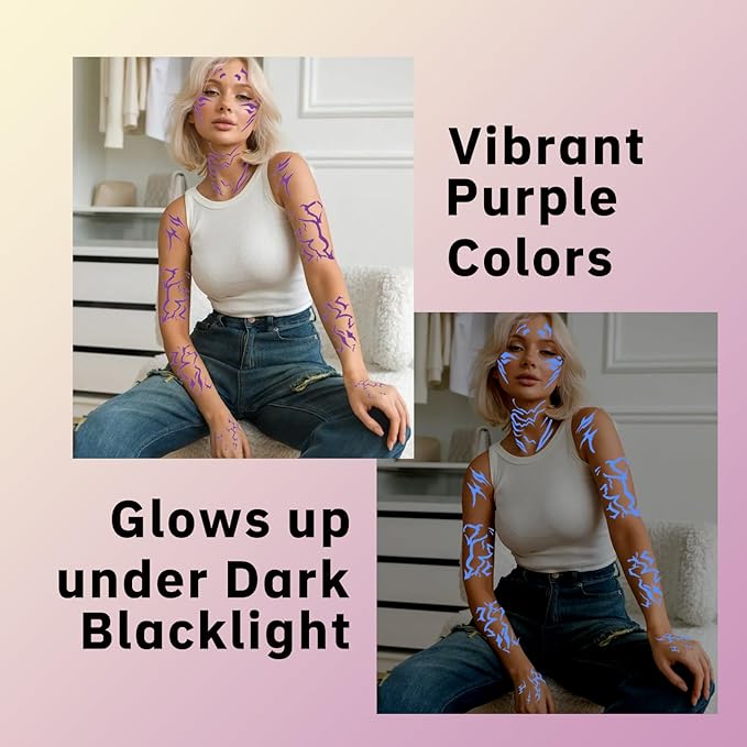 12 PCS Glow in The Dark Cosplay Purple Temporary Tattoos, Dance Fake Tattoos for Cosplay, Halloween, Music Festival, Dance Party Makeup, Fantasy Creature Design, Fantasy Theme Costume Accessories