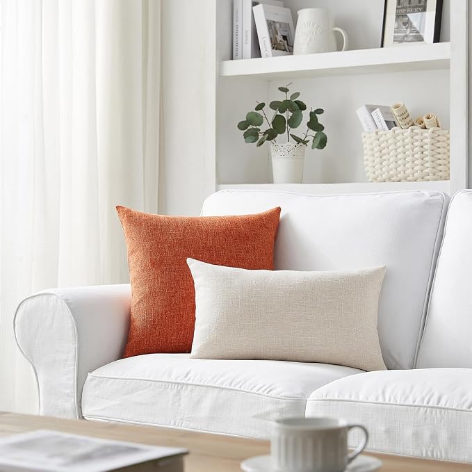 Meekio Set of 2 Burnt Orange Throw Pillow Covers 20x20, Fall Linen Blend Decorative Pillow Covers for Couch Sofa Bed, Fall Decorations for Home