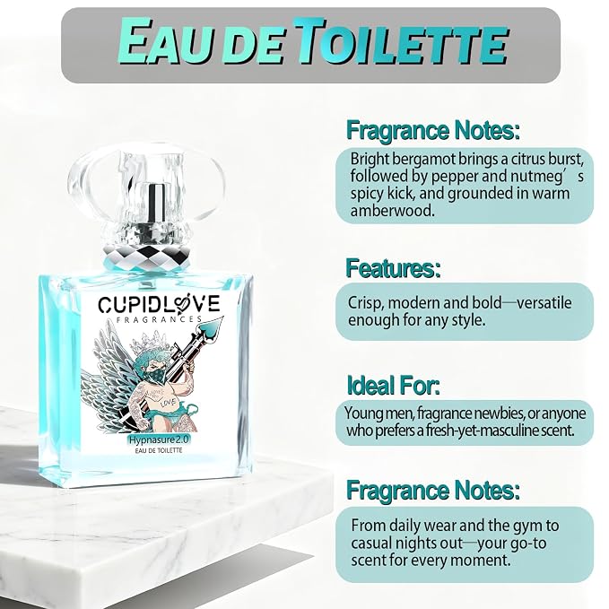 CUPIDLOVE Eau de Toilette Fresh Mens Pheromone Cologne - Citrus, Woody, Musky Fragrance - Notes of Bergamot - Everyday Wear Long Lasting Perfumes Valentine's Day Gift for Men 1.7 Fl Oz