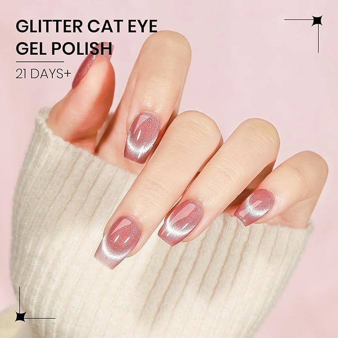 Pink Cat Eye UV Gel Nail Polish, 15ML Magnetic Crystal Holographic Cateye Gel Polish Glitter Shimmer Reflective Nail Polish Gel with Magnet Soak Off Salon DIY at Home