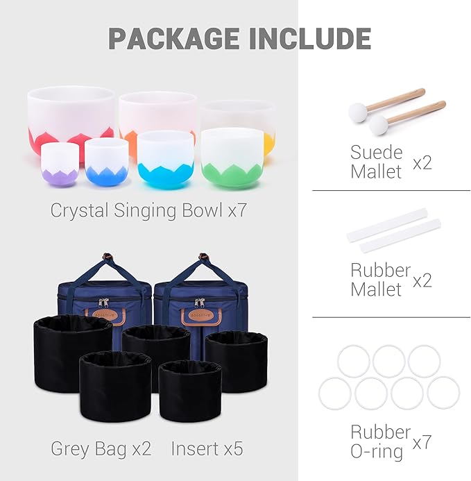 432Hz 6-12 Inch Set of 7 Lotus Quartz Crystal Singing Bowls with Gradient Colored Design, 2 Travel Carry Case Bags and Resonance Striker for Meditation and Sound Therapy