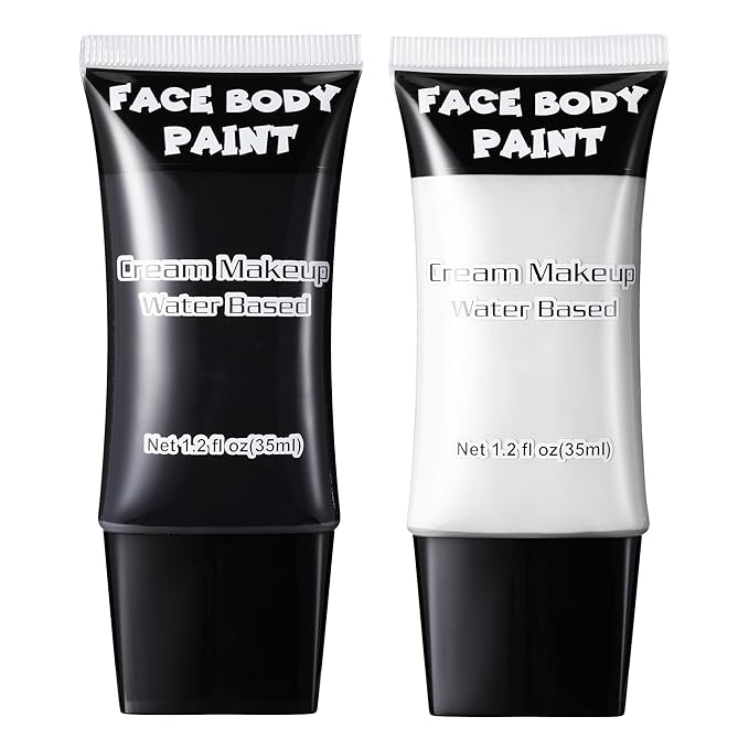 CCbeauty White & Black Face Paint, Cream Face Painting Kit, Professional Water Based Body Paint, Full Coverage Foundation Makeup, Halloween SFX Makeup For Clown Joker Mimes Skeleton Vampire Costume