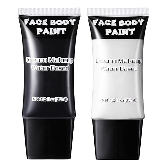 CCbeauty White & Black Face Paint, Cream Face Painting Kit, Professional Water Based Body Paint, Full Coverage Foundation Makeup, Halloween SFX Makeup For Clown Joker Mimes Skeleton Vampire Costume