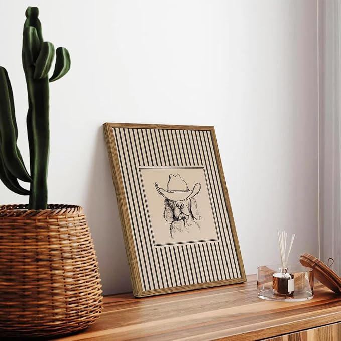 Vintage Western Cowboy Dog Wall Art Cute Southwestern Dog Wall Decor Painting, Retro Striped Western Animal Poster Canvas Print Picture for Living Room Bedroom 16x24 inch Wood Framed
