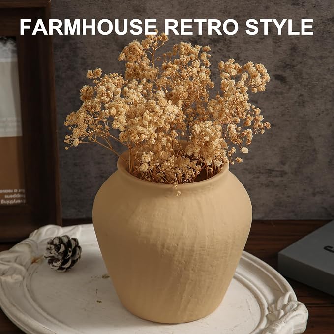 Farmhouse Ceramic Vase - Yellow Rustic Vintage Flower Vase for Home, Living Room, Shelf and Dining Table Decor-6.1IN.