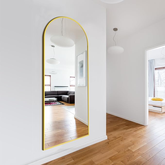 Arched Full Length Mirror with Stand, 69x24 Gold Floor Mirror | Aluminium alloy frame with HD float glass for distortion-free reflection. Free standing or wall mounted.