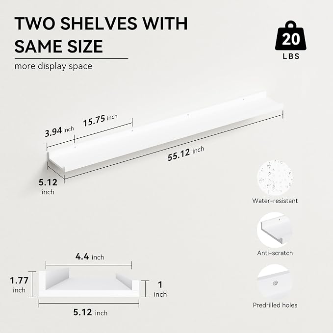 Boswillon Floating Shelves Set of 2, Long Wall Shelf with Lip, 56in, White | Display Ledge Shelf for Room Wall, Wall Decor Shelves for Bathroom, Living Room, Bedroom, Kitchen, Nursery Room, Modern, Wood