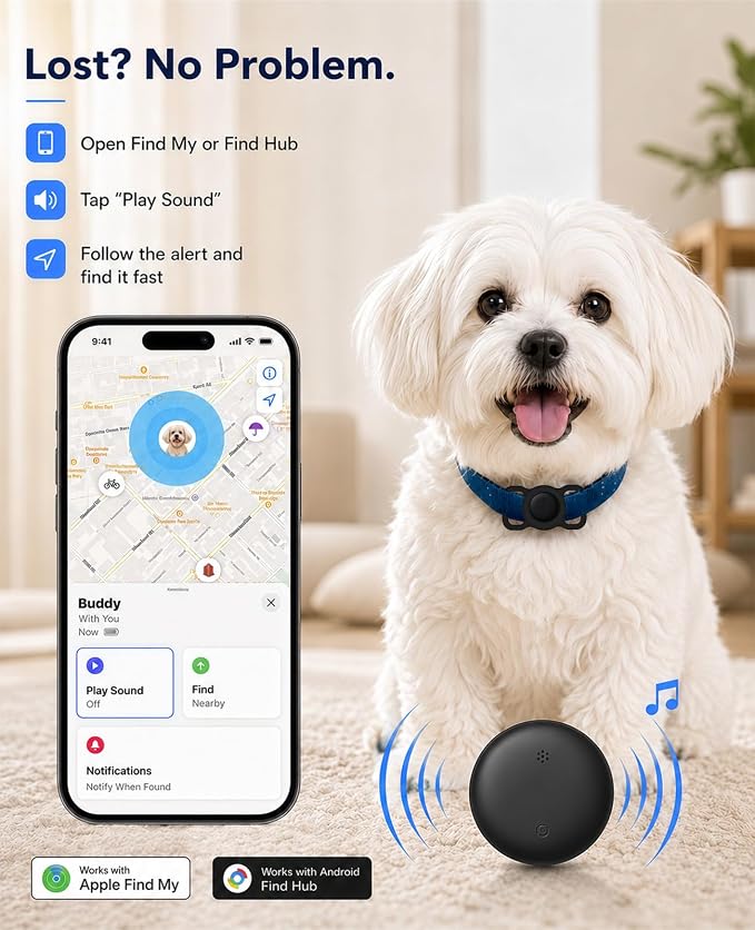 GPS Tracker for Dogs and Cats, iOS & Android, Real-Time Tracking (Matte Black) | Pet Tracker for Apple Find My or Google Find Hub; no monthly fee, 7-day history, IP67 water resistance and spare battery.