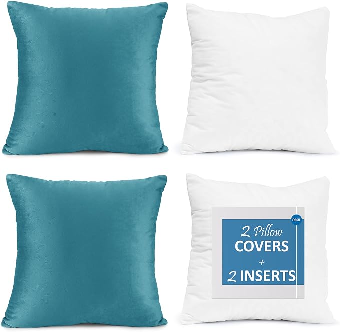 Throw Pillow Inserts Pack of 2 with Velvet Soft Solid Decorative Square Throw Pillow Covers Set for Sofa Couch Car Bedroom, 18X18 Throw Pillows Inserts with 16x16 Washable Cushion Covers, Beach Blue