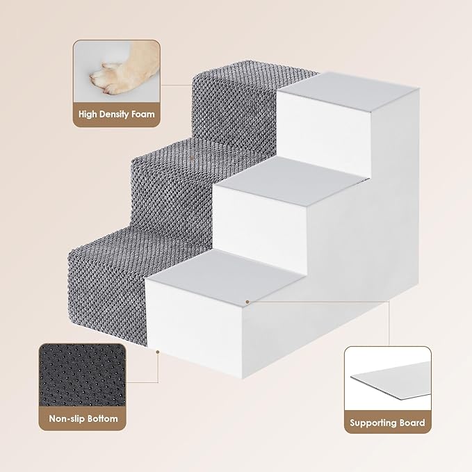 EHEYCIGA Dog Stairs for Small Dogs 13.5" H, 3-Step Extra Wide Dog Steps for Couch Sofa and Chair, Pet Steps for Medium Cats, Non-Slip Balanced Pet Ramp Indoor, Grey