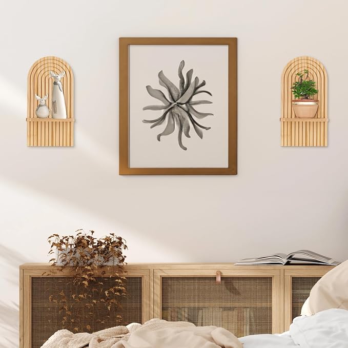 Boho Wall Decor Set of Two: Wood Wall Candle Holder | 3D Arch Design, Natural Minimalist Candle Sconces for Pillar or Plants, for Living Room, Bathroom, Nursery, Bedroom