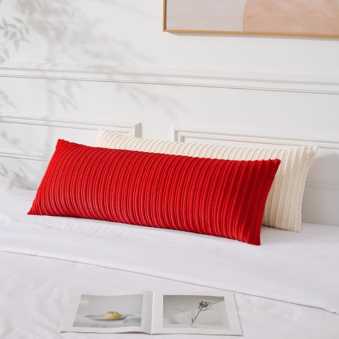 UGASA 14x36 Inch Christmas Pillow Cover Pack of 1 Soft Boho Stripe Corduroy Large Long Rectangle Lumbar Cushion Case Farmhouse Decorative Pilowcase for Bed, Couch, Sofa, Bedroom, Living Room, Red