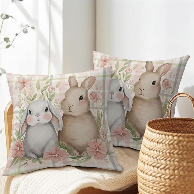 Easter Bunny Pillow Covers 18x18 Inch Spring Rabbit Floral Decorative Pillow Cases Pink Plaid Throw Pillows Set of 2 Seasonal Modern Farmhouse Home Decor for Sofa Couch Outdoor