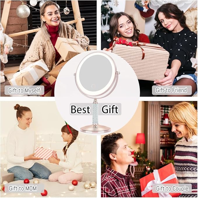 Senshuerjie 7" Rose Gold Glitter Diamond Rhinestone Makeup Mirror,360°Rotate Round Tabletop Vanity Mirror Double Sided 1X/10X HD Undistorted Magnifying Mirror,Portable Vanity Women Gift (Rose Gold)