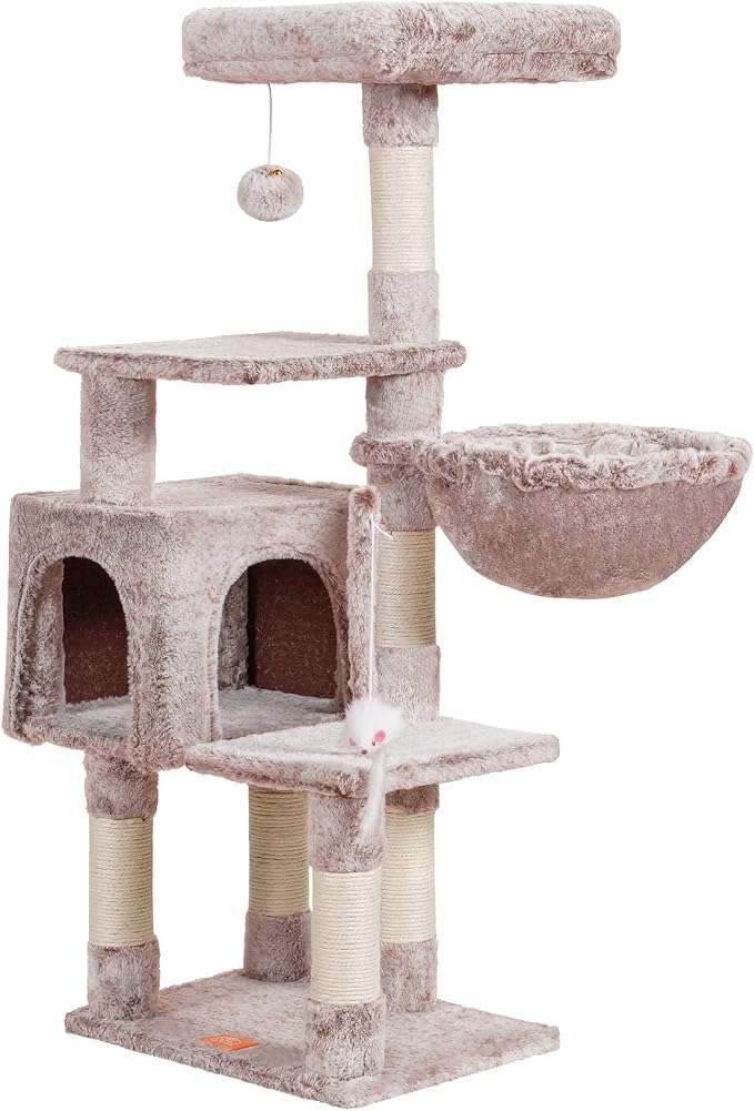 Heybly Cat Tree with Toy, 43.3 inch Cat Tower for Indoor Cats HCT004SMU | Cat Condo with Durable Sisal Scratching Posts, Cat House with Padded Plush Perch, Cozy Hammock, Rosy Brown