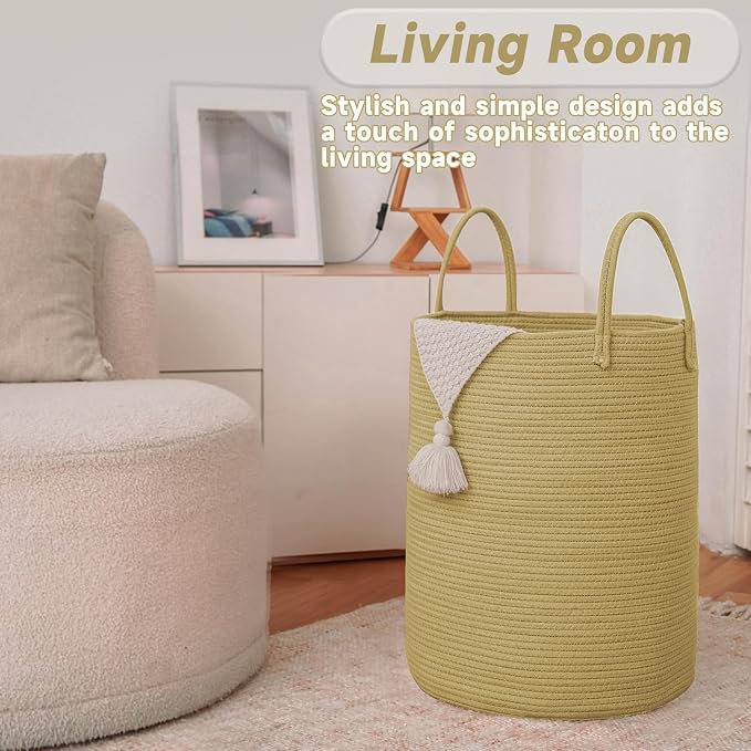 JMvicyroam 60L Cotton Rope Laundry Basket Hamper, Jute | Collapsible laundry basket, reinforced handles, freestanding, machine washable, holds 3-5 thick blankets, clothes or toys