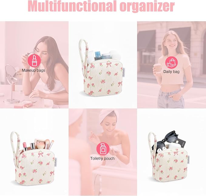 Small Makeup Bag | Discreet Period Bag Pad Pouch for Purse| Sanitary Napkin Storage & Tampon Holder for Travel Wallets and Handbags(Flower bow beige)