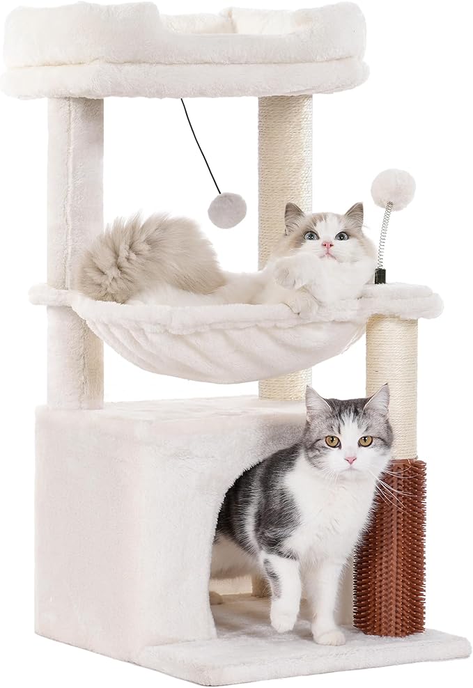 Cat Tree 32” Small Cat Tower with Large Hammock 16”& Self Groomer | Compact Cat Tree with Hammock 16” Dia, Removable Bed, Scratching Post & Self Groomer Small Cat Tree for Indoor & Adult Cats