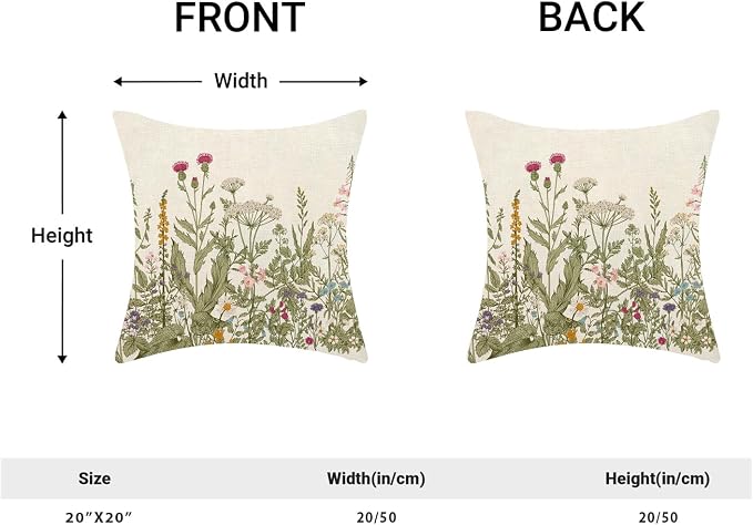 AEIOAE Sage Green Pillow Covers 20x20 Inch Set of 2, Spring Wildflower Plant Throw Pillows Case,Seasonal Floral Outdoor Decorative Flowers Farmhouse Decor Cushion Covers for Home Sofa Bed Couch
