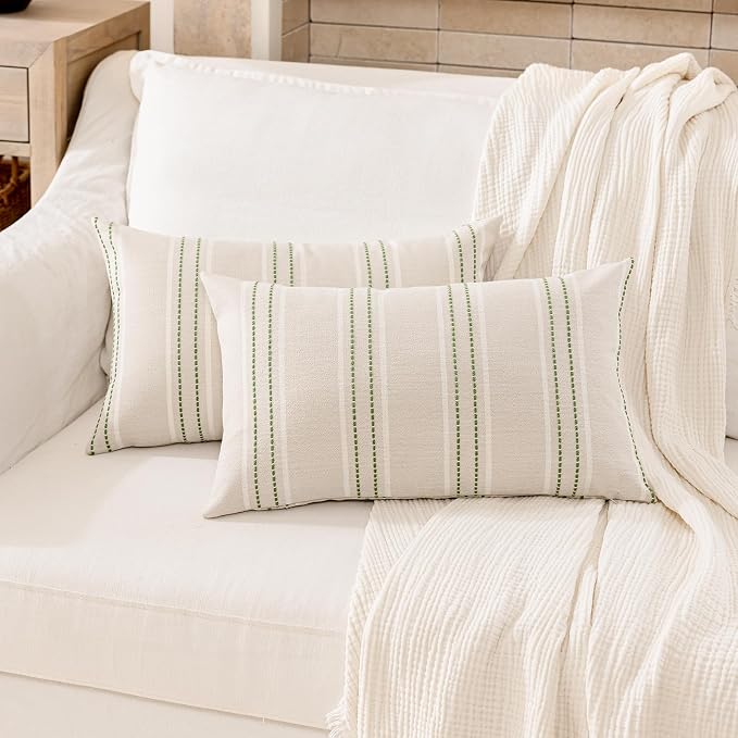 Hckot Striped Throw Pillow Covers 12x20 Set of 2 Grass Green Pillow Covers | Farmhouse Decorative Pillows Textured Linen Square Cushion Covers for Sofa Couch Bed Living Room Decor(Grass Green)