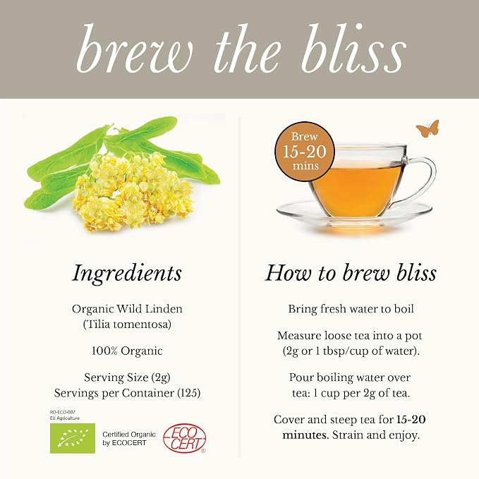 Wild Bliss Organic Linden Flower Tea - Caffeine Free Loose Leaf Calming Herbal Tea - 8.8 Ounces - 125 Servings