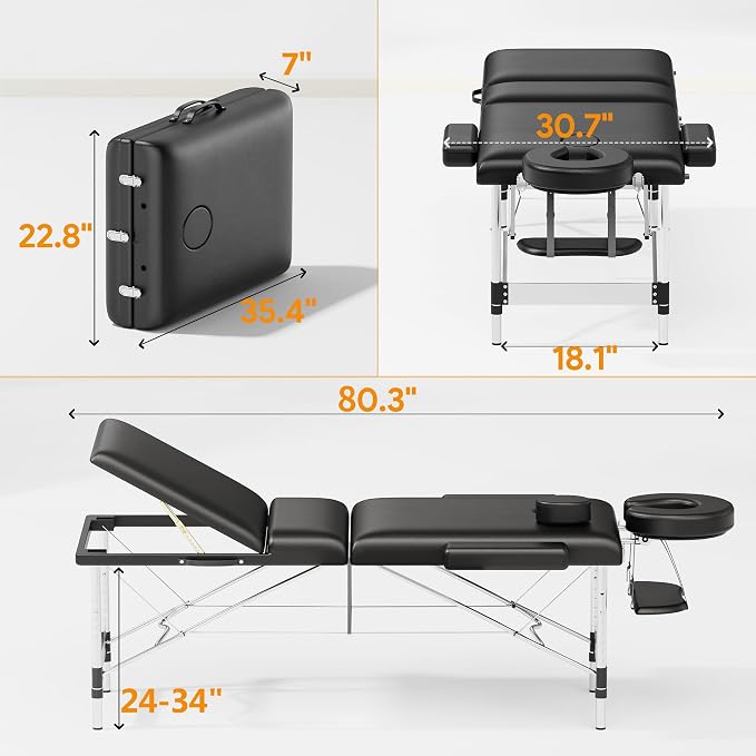 Brelley Massage Table Portable Professional 3 Sections Reclining Massage Couch, Aluminum Adjustable Esthetician Bed Tattoo Table SPA Lash Salon Bed with Carrying Bag (Black)