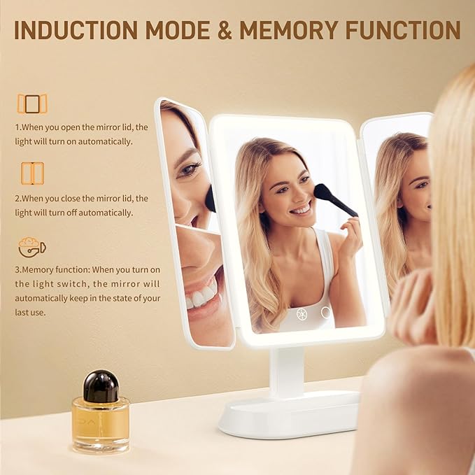 FRANO Tri-Fold Makeup Mirror with Lights, Rechargeable Mirror with 2X/3X/10X Magnification, Portable Vanity Mirror with for Travel/Desk, Gifts for Women Her