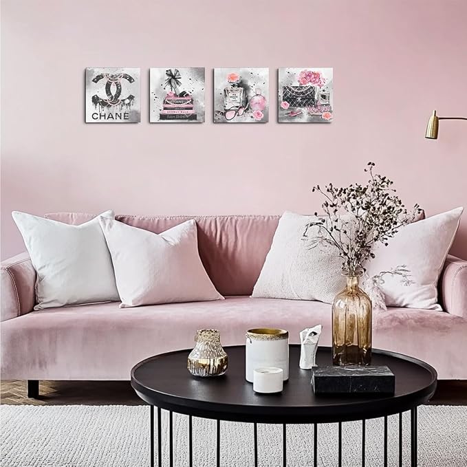 4 Pcs Pink Fashion Canvas Wall Art Black and White Decor Grey Wall Decor | Aesthetic Framed Posters Art Prints Artwork Pink Pictures for Women Bedroom Apartment Vogue Living Room Decor 8 x 8 inches
