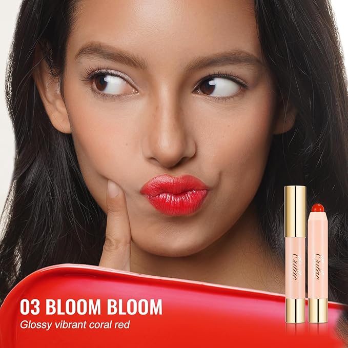 Oulac Red Lipstick - Lipstain and Blush Duo, Tinted Lip Balm, Moisturising and Nourishing, Glossy Finish, Vegan, Bloom Bloom(03)