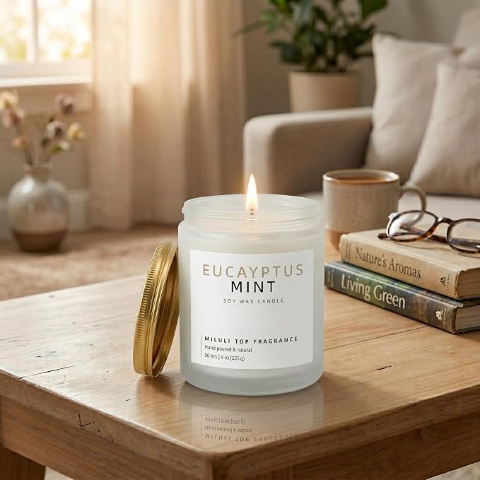 Eucalyptus Mint Scented Candles for Home - 15% Essential Oil Luxury Aromatherapy - Handmade Natural Soy Wax Candle for Women Men Relaxation - 9oz Frosted White Jar,50H Clean & Non-Toxic Burn
