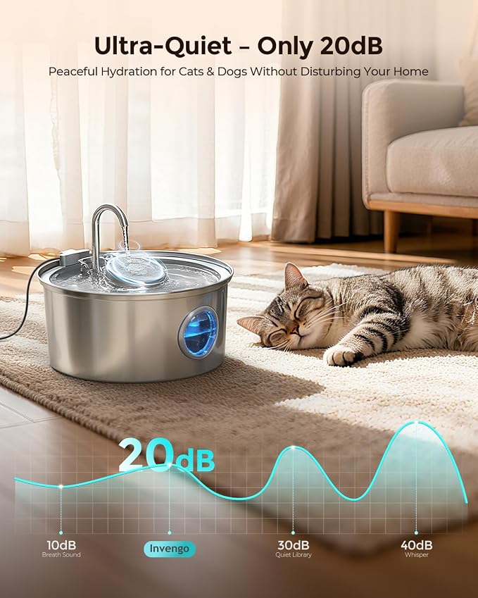 Invengo Cat Water Fountain Stainless Steel, 3.2L/108oz Pet Drinking Fountain for Cats Dogs, Automatic Cat Fountain with 2 Flow Modes, Splash-Proof Bowl, Includes 6 Replacement Filters