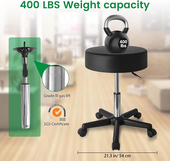 Hydraulic Adjustable Rolling Stool with Wheels, 360° Swivel Office Chair, 400LBS - for Salon, Tattoo, Barber, Massage, PU Leather, Easy-Clean, Whisper-Quiet Casters, Black