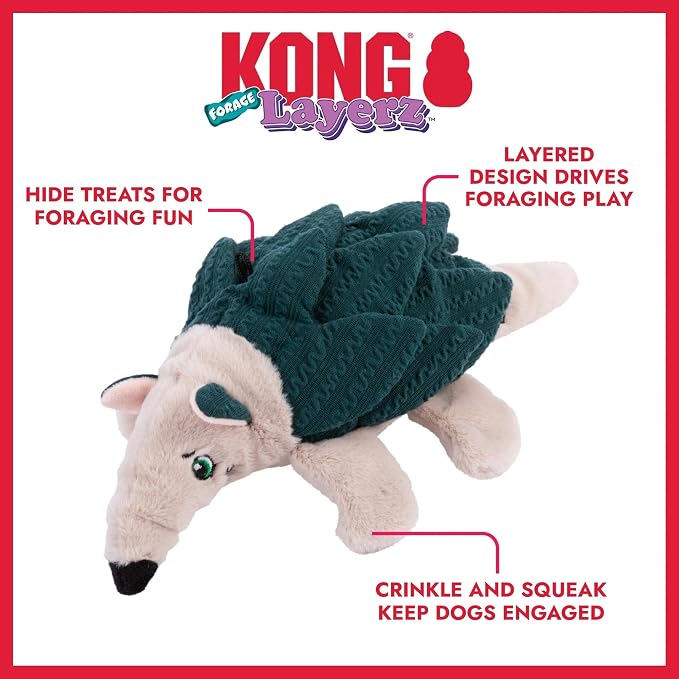KONG Layerz Forage Dog Toy – Plush Puzzle Toy with Quilted Treat Pockets, Crackle Material & Squeaker for Enrichment (3 Pack (Armadillo, Hedgehog and Hen))