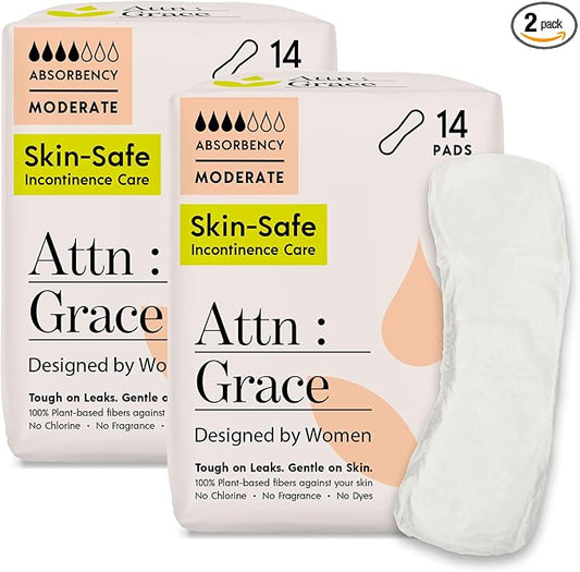 Attn: Grace Moderate Incontinence Pads for Women, 2-Pack (56 Pads Total / 28 per Pack) - Plant-Based, High Absorbency, Breathable - Incontinence Pads for Moderate Bladder Leaks & Sensitive Skin