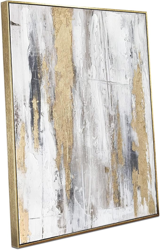Zessonic Abstract Wall Art with Gold Foil - 24 x 32 Inches Gold and Gray Canvas Print with Texture for Modern Style Decor，Framed, Ready to Hang