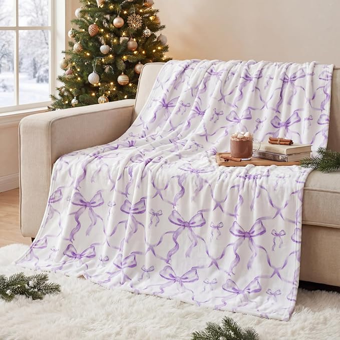 Purple Bow Throw Blanket 50"x60" Soft Flannel for Girls Women | Coquette Aesthetic Decor with Ruffled Edges, Ultra Plush Bed Sofa Blanket, Preppy Gift for Teens, Back to School Dorm Room