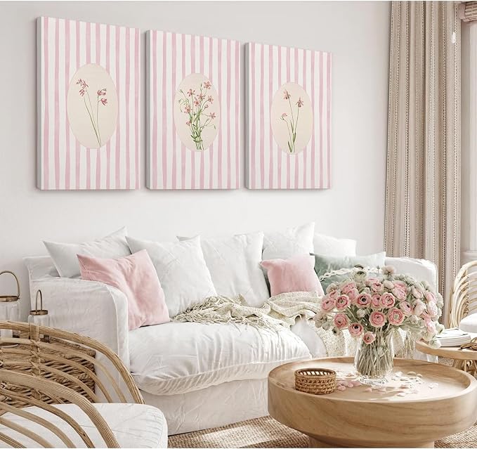 Pink Flower Wall Art Striped Floral Prints Botanical Canvas Wall Decor Aesthetic Pictures Pastel Pink Floral Poster Minimalist Flower Painting for Girl Room 12x16 Inch Wrapped Canvas Set of 3