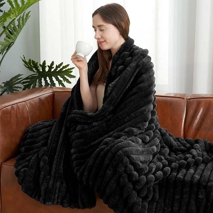 Faux Fur Throw Blanket for Couch, Cozy Fuzzy Fluffy Fur Luxurious Soft Striped Plush Gift Blankets for Family Sofa Chair Bedroom, 55"x70", Black