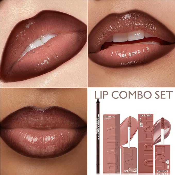 3-in-1 Lip Kit - Matte Liquid Lipstick for Women Brown Lip Liner and Gloss Set Long Lasting Lip Tint Nude Smudge Proof Highly Pigmented Lipcolor Trio Non-Stick Cup Velvet Lip Gloss Makeup