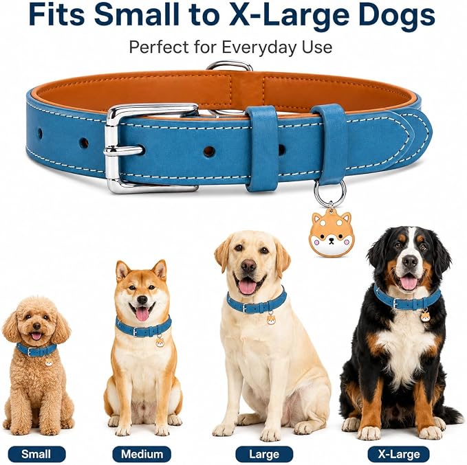 Genuine Leather Dog Collar, Soft Padded Leather Dog Collars with Airtag Holder Case for Small Medium Large X-Large Dogs,Comfort Heavy Duty Pet Collar with Durable Metal Buckle & D-Ring-Sky Blue/XS