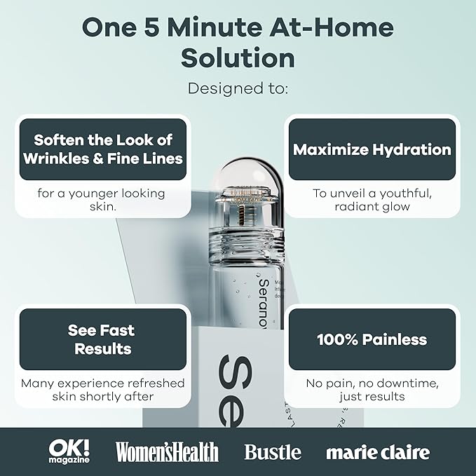 Seranova Micro Infusion System for Face & Neck 0.05mm Stamp with Hyaluronic Acid & Collagen Peptide Serum for Firmer Smoother-Looking Skin, Easy 5-Minute At-Home Skin Care Application - 3 Month Supply