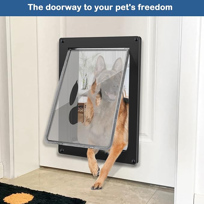 CEESC Large Dog Door, Snap-in Closing Panel, Up to 80 lbs, Durable, Black | Flap 11.75"x16.5", cut-out 12.4"x15.5". Fits doors 1.25-2.06in. Weatherproof ABS, magnetic seal