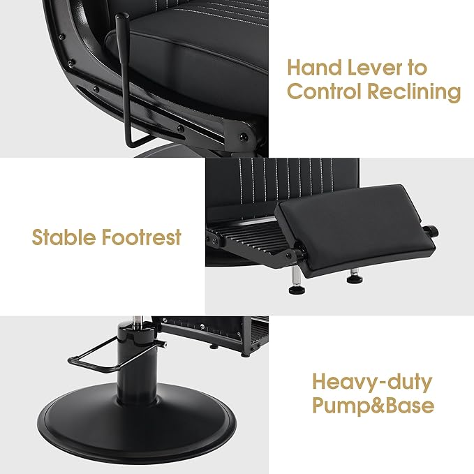 BarberPub Classic Barber Chair, 660Lbs Heavy-Duty Hydraulic Pump, Professional Reclining Salon Chair for Hair Stylist, Gold&Black, Barbershop, Salon&Spa Equipment for Adult 8334 (Black) (Black)