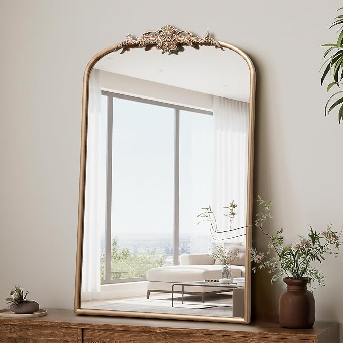 Besdomus Antique Large Wall Mirror: 24"x36" French Arched Vanity Mirrors | Champagne Baroque Vintage Decorative - Traditional Ornate for Entryway/Dresser/Over Sink - Ideal for Bathroom Renovations