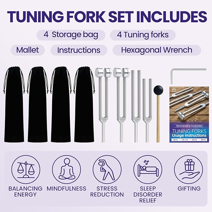 Tuning Fork Set (128 Hz, 136.1 Hz, 256 Hz, 384 Hz): Weighted & Unweighted Tuning Forks Frequency Devices of 4 Pack with Reflex Hammer for Chakra & Sound Meditation