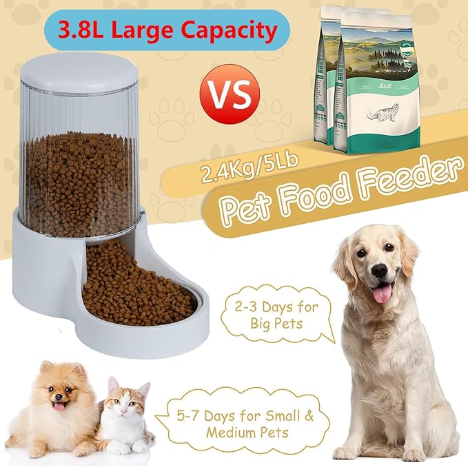 Automatic Cat Feeder, 3.8L Large Gravity Cat Food Dispenser with Detachable Top Lid, Visible Bottle and Stainless Steel Bowl for Pets (White)