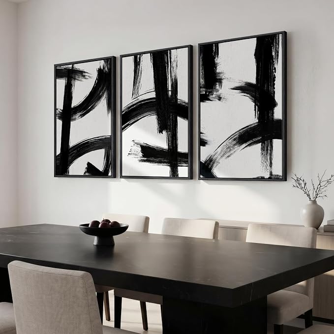 Large Framed Black and White Abstract Wall Art for Living Room, 3 Piece Big Canvas Prints Paintings Artwork for Walls, Modern Minimalist Pictures Wall Decor for Bedroom Office Hallway, 24x36 In