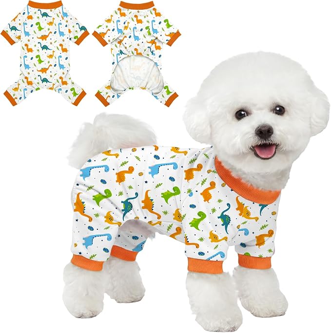 Dog Pajamas for Small Medium Dogs Pjs Orange Dinosaurs Dog Onesie Breathable Puppy Pj Pet Stretchy Soft Sleepwear for Spring Summer Costume-L
